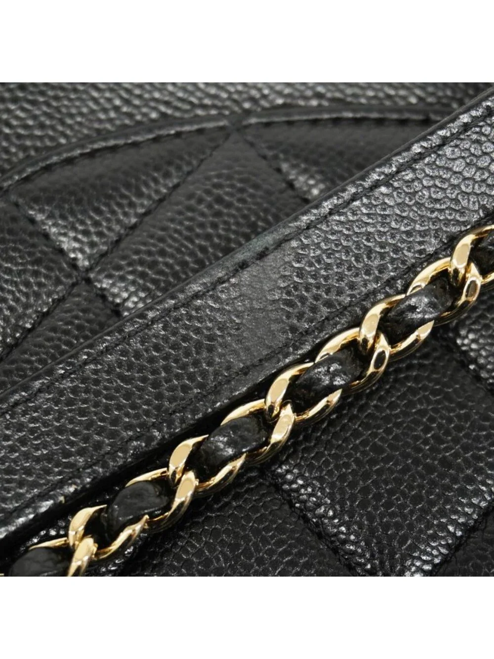 Chanel Shoulder Bag Quilted Caviar Leather Black Champagne Gold